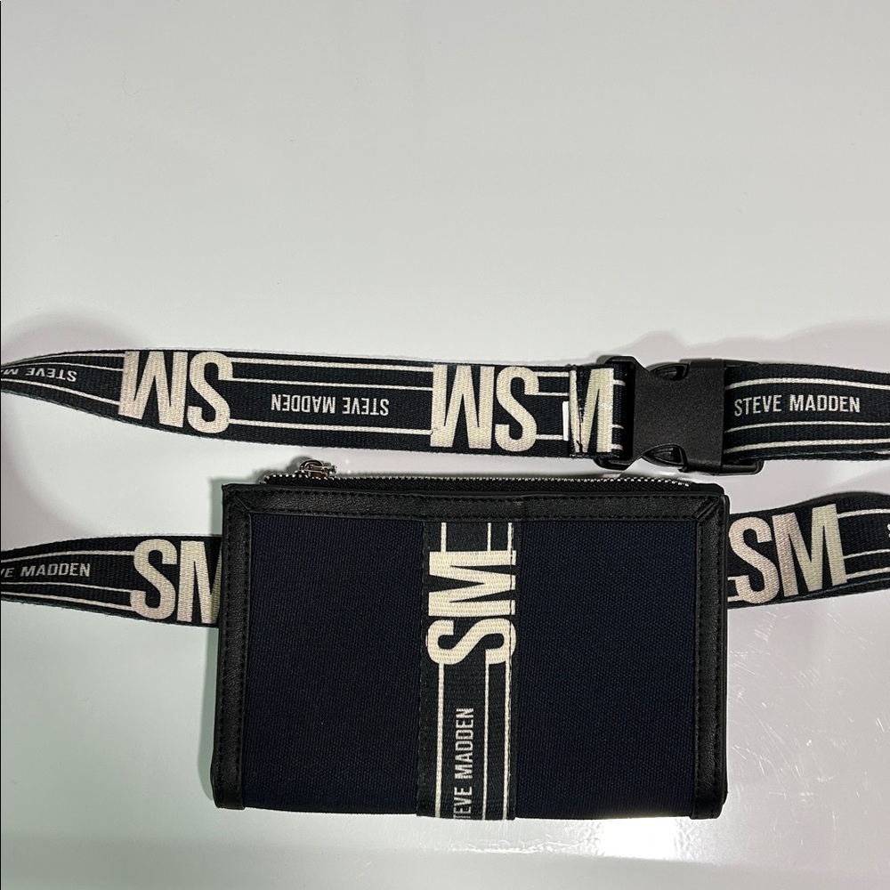 Steve Madden Black Crossbody Pouch with Ivory Logo Strap